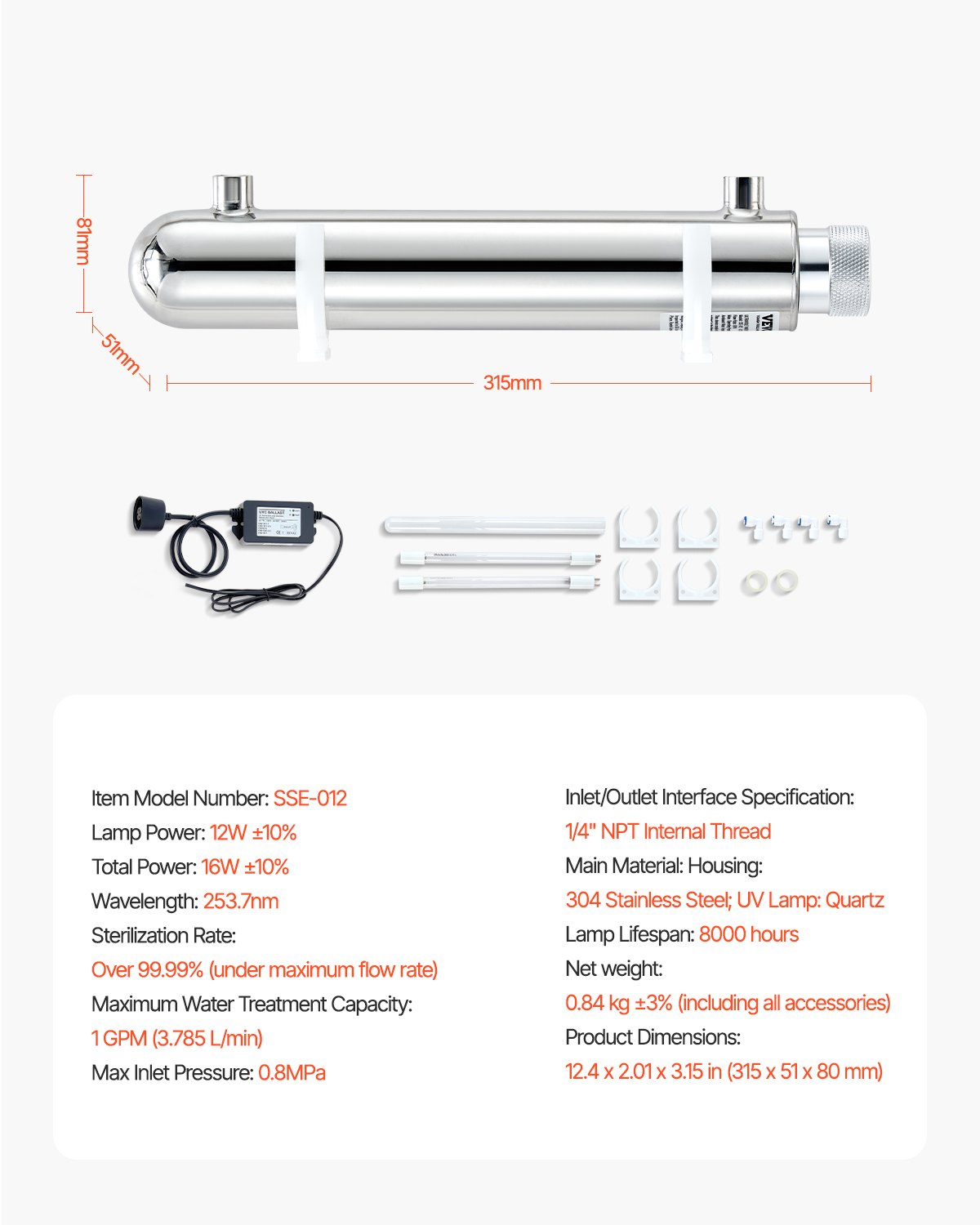 VEVOR UV Water Purifier, 12W 1GPM, 110V Versatile Ultraviolet Water Purifier Filter with Stainless Steel Housing, Whole House UV Water Filter with Quartz Sleeve Fit for Shower/Drinking/Cleaning