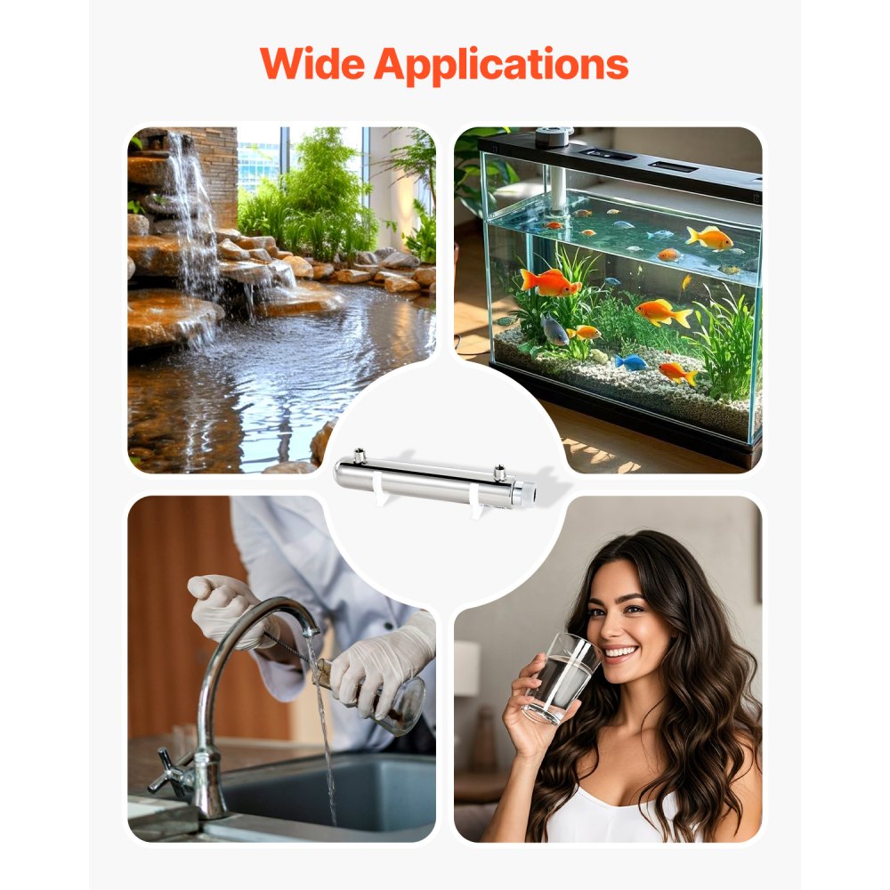 VEVOR UV Water Purifier, 12W 1GPM, 220V Versatile Ultraviolet Water Purifier Filter with Stainless Steel Housing, Whole House UV Water Filter with Quartz Sleeve Fit for Shower/Drinking/Cleaning