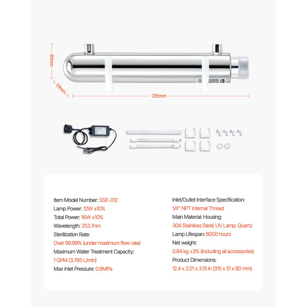 VEVOR UV Water Purifier, 12W 1GPM, 220V Versatile Ultraviolet Water Purifier Filter with Stainless Steel Housing, Whole House UV Water Filter with Quartz Sleeve Fit for Shower/Drinking/Cleaning