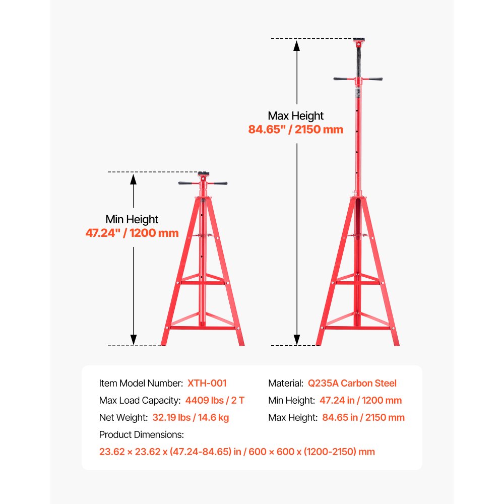 VEVOR Under Hoist Tripod Stand, 2 Ton Capacity High Lift Jack Stand Reach Underhoist Support, Lifting from 1200 mm to 2150 mm, 4-Level Adjustable Height, Heavy Duty Carbon Steel for Car Lift & Support