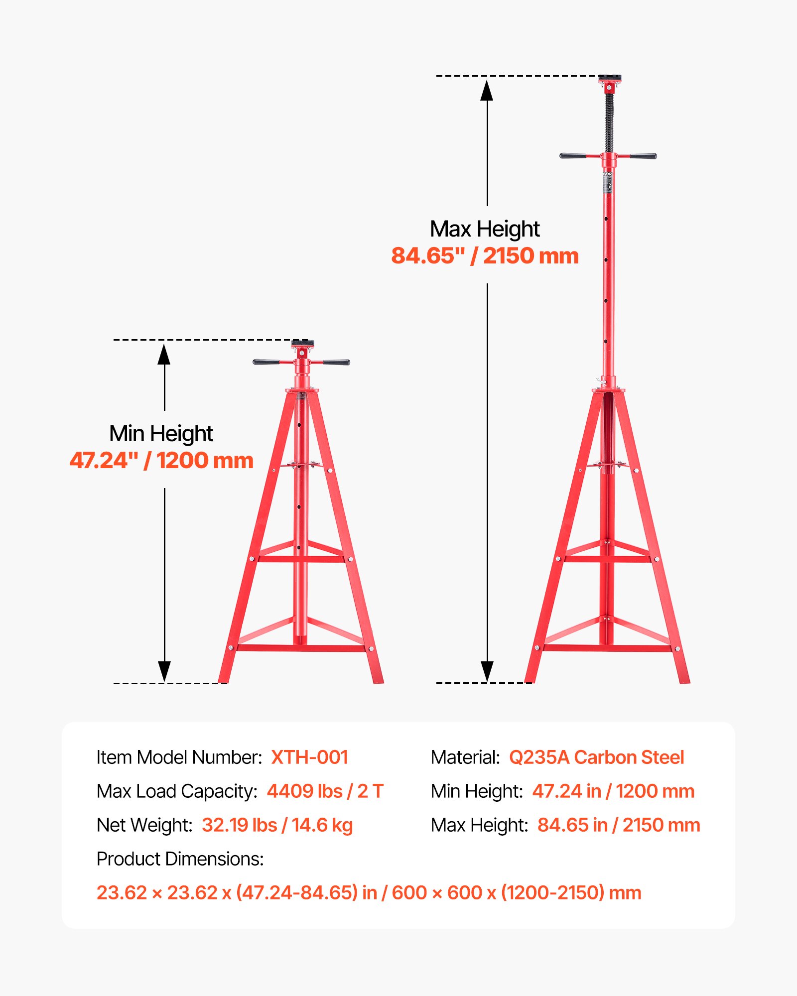 VEVOR Under Hoist Tripod Stand, 2 Ton Capacity High Lift Jack Stand Reach Underhoist Support, Lifting from 1200 mm to 2150 mm, 4-Level Adjustable Height, Heavy Duty Carbon Steel for Car Lift & Support