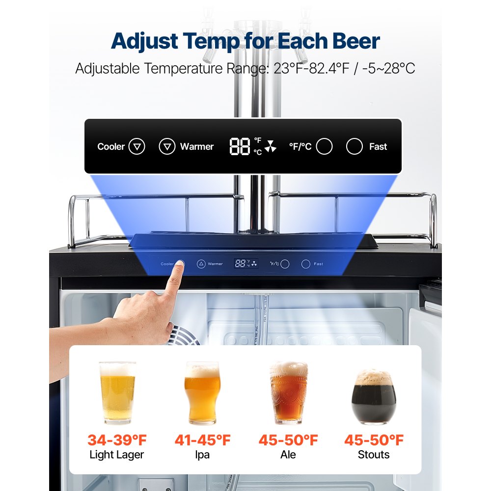 VEVOR Beer Kegerator, Triple Tap Home Draft Beer Dispenser for Ball Lock, Full Size Keg Refrigerator with 5lbs CO2 Tank, Hold 2 Sixth / 2 Slim / 3 Ball lock keg, 162L