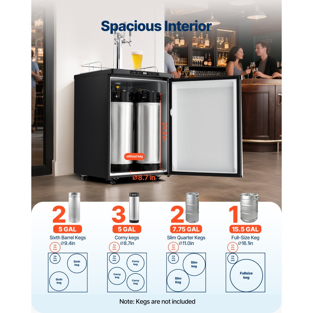 VEVOR Beer Kegerator, Triple Tap Home Draft Beer Dispenser for Ball Lock, Full Size Keg Refrigerator with 5lbs CO2 Tank, Hold 2 Sixth / 2 Slim / 3 Ball lock keg, 162L