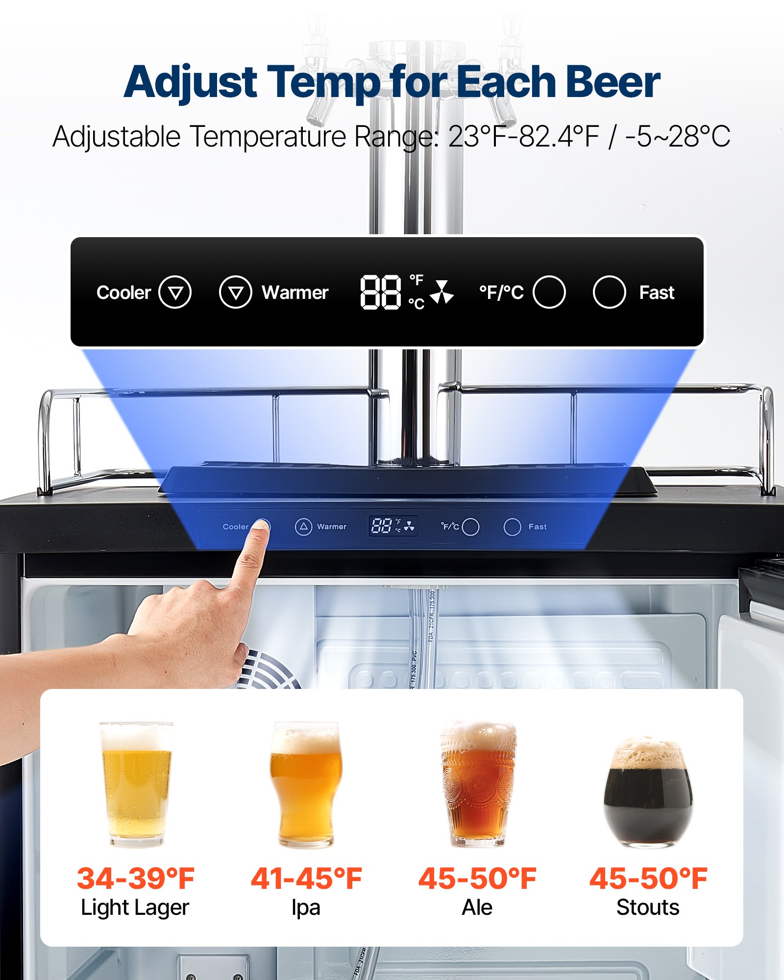 VEVOR Beer Kegerator, Triple Tap Home Draft Beer Dispenser for Ball Lock, Full Size Keg Refrigerator with 5lbs CO2 Tank, Hold 2 Sixth / 2 Slim / 3 Ball lock keg, 162L