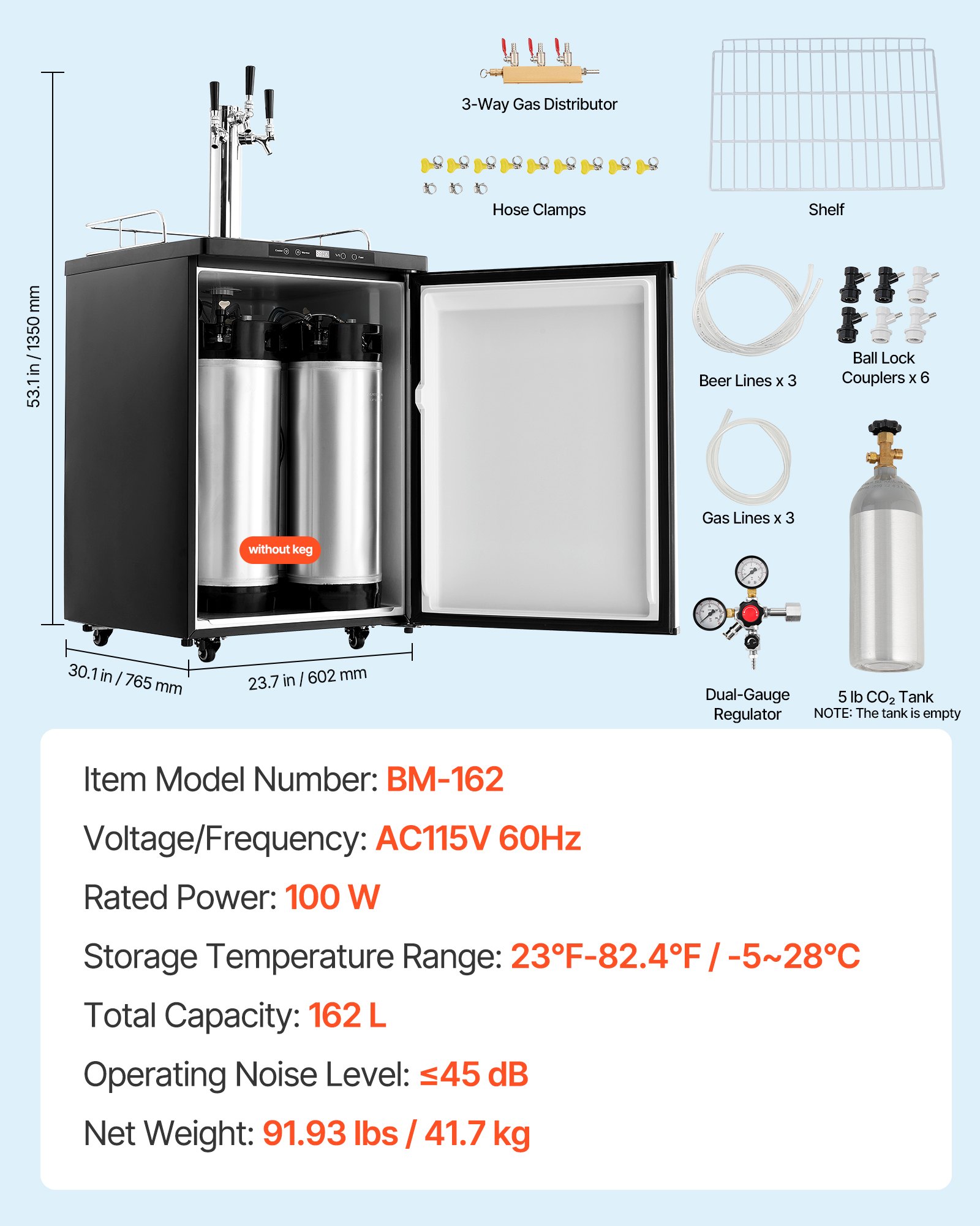 VEVOR Beer Kegerator, Triple Tap Home Draft Beer Dispenser for Ball Lock, Full Size Keg Refrigerator with 5lbs CO2 Tank, Hold 2 Sixth / 2 Slim / 3 Ball lock keg, 162L