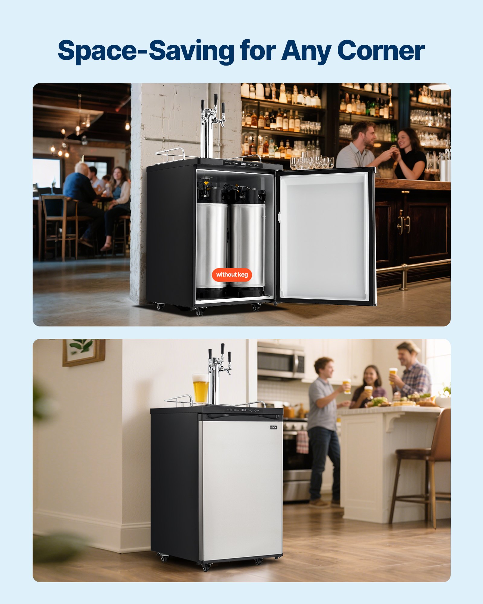 VEVOR Beer Kegerator, Triple Tap Home Draft Beer Dispenser for Ball Lock, Full Size Keg Refrigerator with 5lbs CO2 Tank, Hold 2 Sixth / 2 Slim / 3 Ball lock keg, 162L