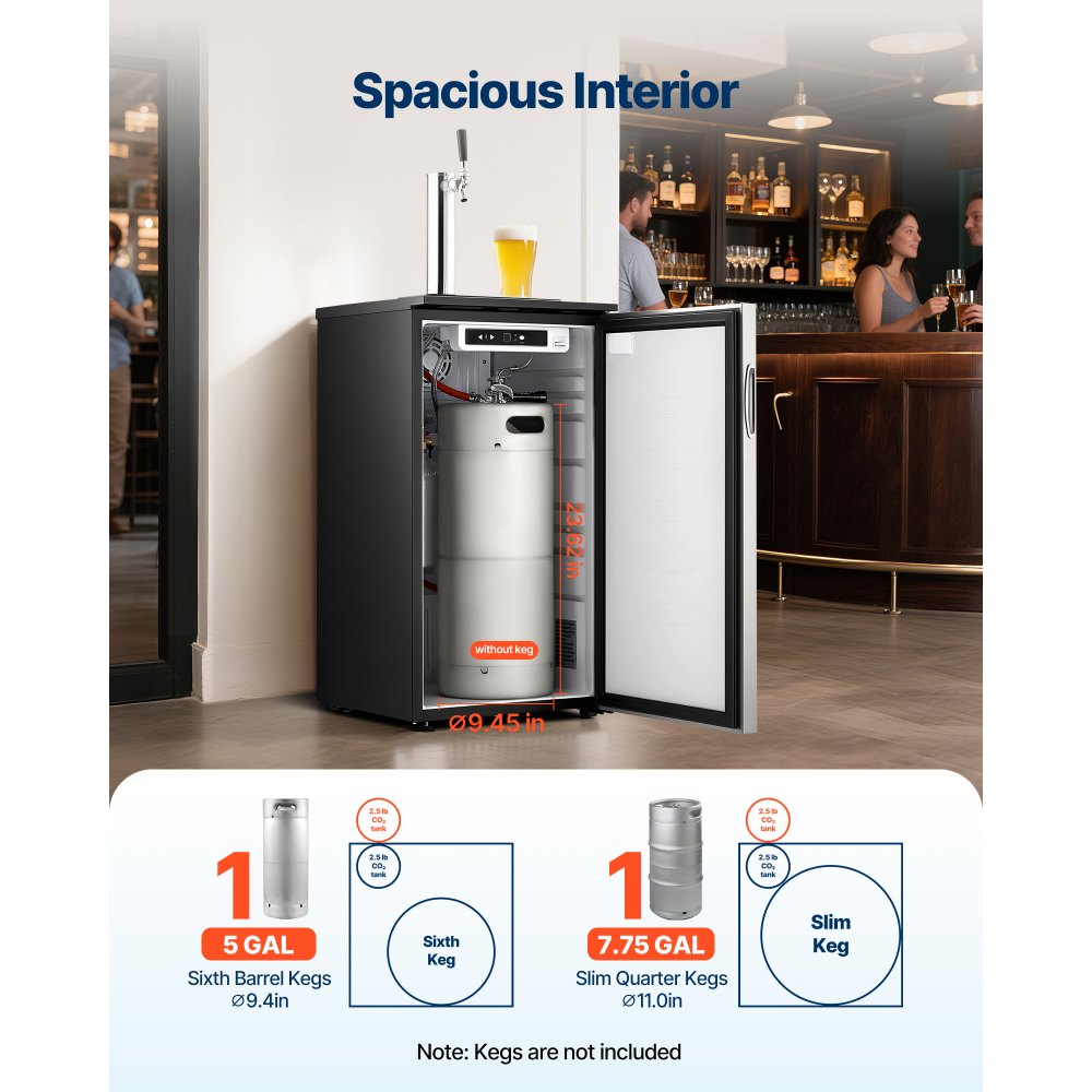 VEVOR Beer Kegerator, Single Tap Commercial Draft Beer Dispenser for D system, Refrigerator With Shelves, Hold 1 Sixth Keg, 2.5lbs CO2 Tank, 92L