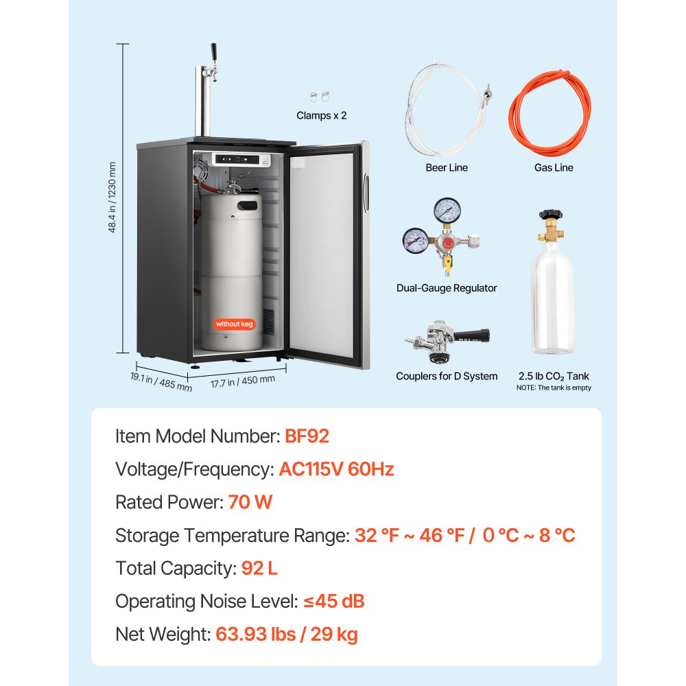 VEVOR Beer Kegerator, Single Tap Commercial Draft Beer Dispenser for D system, Refrigerator With Shelves, Hold 1 Sixth Keg, 2.5lbs CO2 Tank, 92L