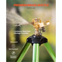 VEVOR Impact Sprinkler on Tripod Base, Heavy Duty Tripod Sprinklers with Brass Head & 3/4" Connector, 360 Degree Large Area Coverage Irrigation Sprinkler, Adjustable Heights Sprinkler for Yard Green