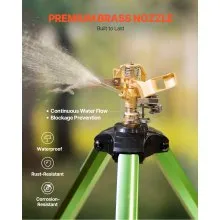 Aspersor de impacto VEVOR sobre base de trípode, aspersores de trípode de alta resistencia con cabezal de latón y conector de 3/4", aspersor de riego de cobertura de área grande de 360 grados, aspersor de altura ajustable para jardín verde