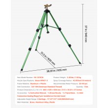 VEVOR Impact Sprinkler on Tripod Base, Heavy Duty Tripod Sprinklers with Brass Head & 3/4" Connector, 360 Degree Large Area Coverage Irrigation Sprinkler, Adjustable Heights Sprinkler for Yard Green