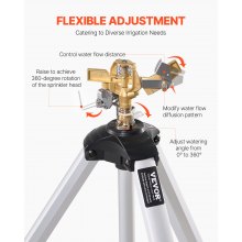 VEVOR Impact Sprinkler on Tripod Base, Heavy Duty Tripod Sprinklers with Brass Head & 3/4" Connector, 360 Degree Large Area Coverage Irrigation Sprinkler, Adjustable Heights Sprinkler for Yard Gray