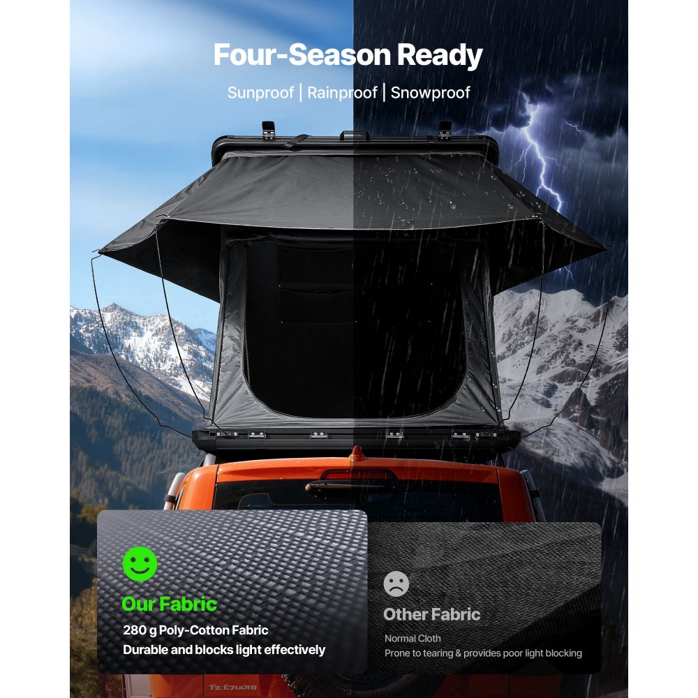 VEVOR Rooftop Tent Hard Shell, 2-3 Person Aluminum Roof Top Tent Hardshell with Tri-Color LED Light & Thick Mattress, Waterproof Windproof Overland Camping Car Roof Rack Suitable for Jeep SUV Pickup