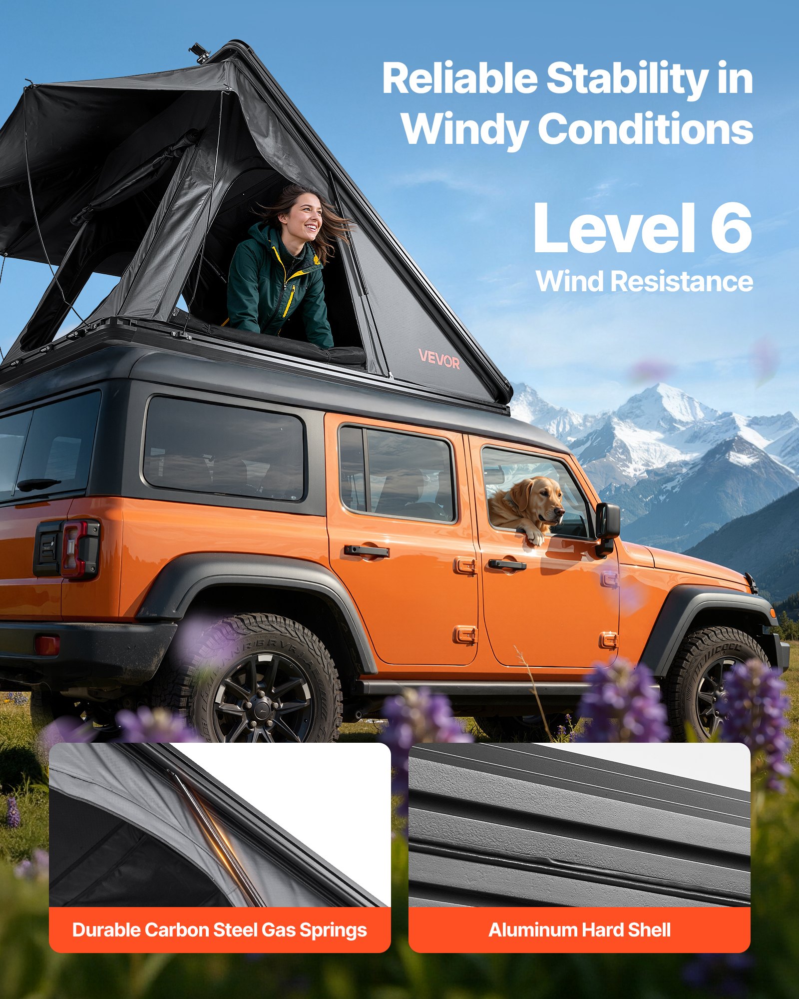 VEVOR Rooftop Tent Hard Shell, 2-3 Person Aluminum Roof Top Tent Hardshell with Tri-Color LED Light & Thick Mattress, Waterproof Windproof Overland Camping Car Roof Rack Suitable for Jeep SUV Pickup