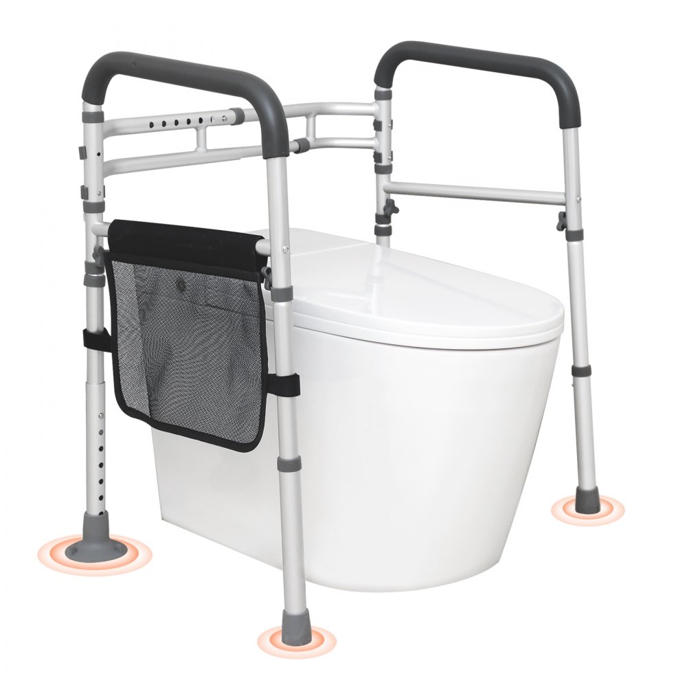 Sină de siguranță pentru toaletă VEVOR, cadru pentru scaun de toaletă pliabil, lățime și înălțime reglabilă, se potrivește cu majoritatea toaletelor, susține 300 de kilograme, mânere de toaletă de sine stătătoare Bare de prindere cu brațe căptușite pentru handicapați, persoane cu dizabilități, seniori