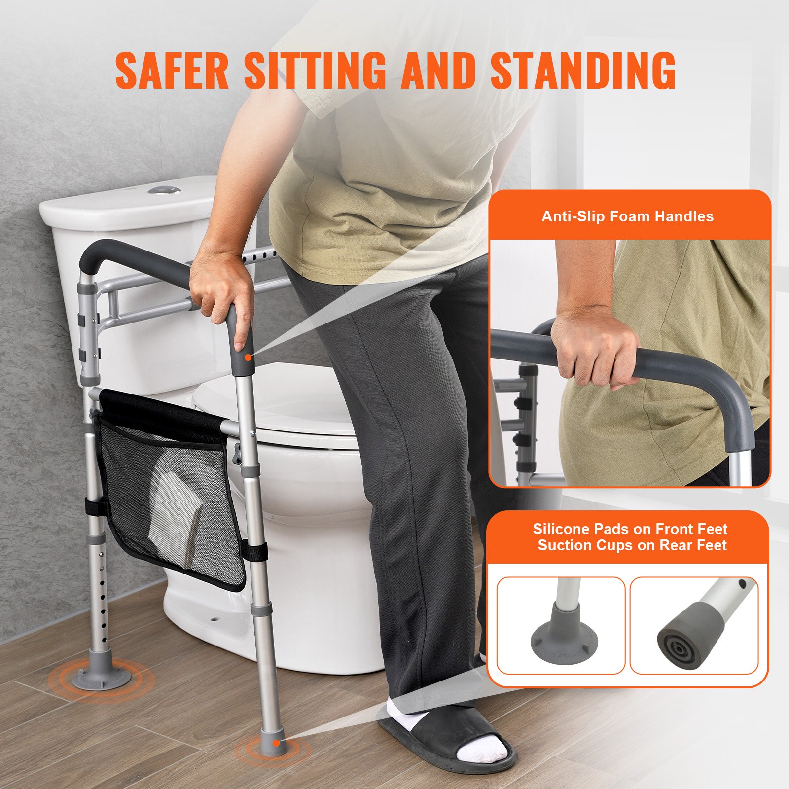 VEVOR Toilet Safety Rail, 136 kg Foldable Toilet Seat with Non-Slip Handles, Portable Versatile Toilet Handrails with Reinforced Aluminum Alloy Tube, Fit for Seniors, Pregnant Women & the Injured