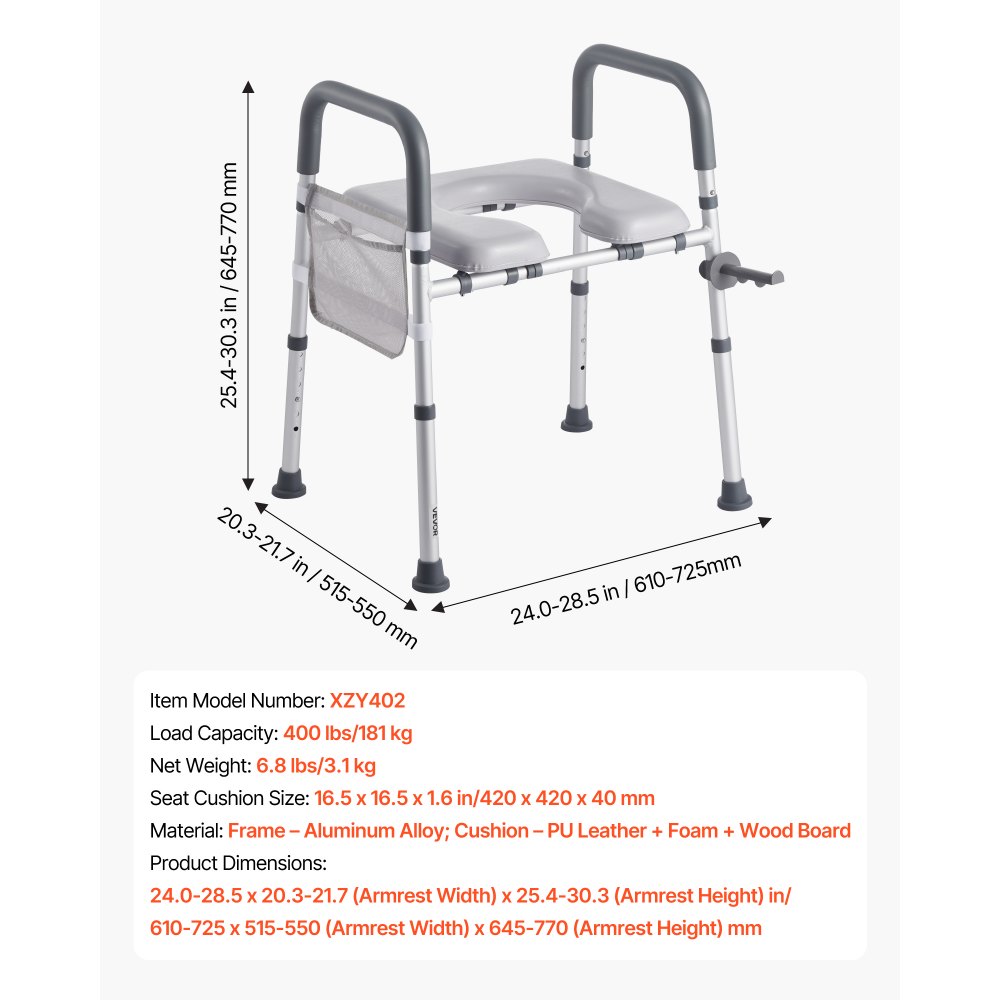 VEVOR Raised Toilet Seat with Arms, 181 kg Load Capacity, Adjustable Height and Width, Commode Cushion Padded Elevated Toilet Seat Riser with Handles for Seniors, Elderly, Handicap, Disabled, Adults