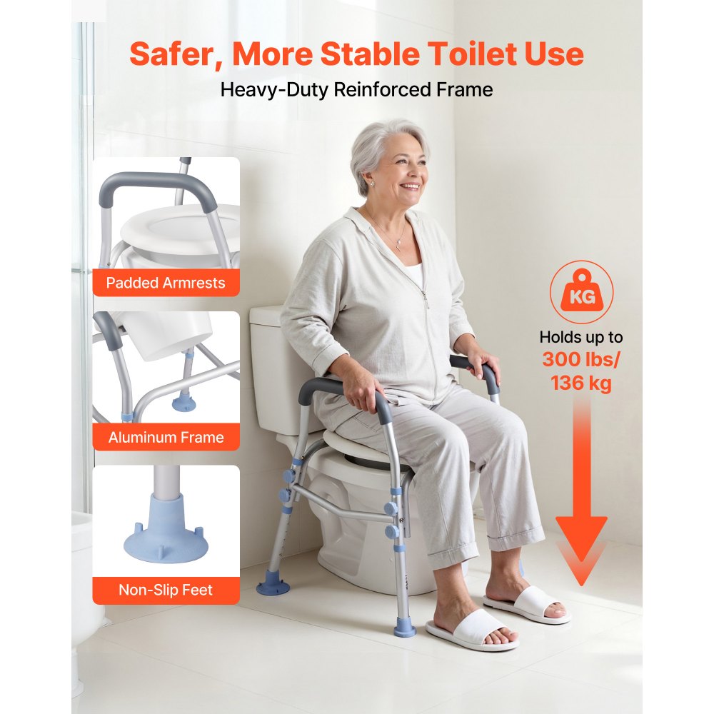 VEVOR Raised Toilet Seat with Arms, 300 lbs Load Capacity, Adjustable Height, Widened Commode Elevated Toilet Seat Riser with Handles and Splash Guard for Seniors, Elderly, Handicap, Disabled, Adults