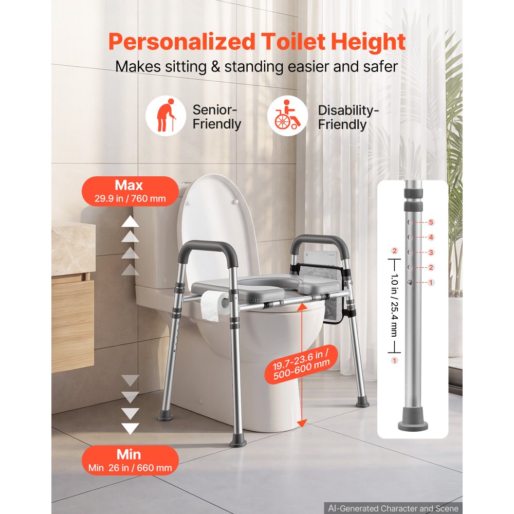 VEVOR Raised Toilet Seat with Handles 158.7 kg Handicap Elevated Riser, for Seniors, Elderly & Disabled, Adjustable Height & Width, Soft Cushion Padded, Fits Round, Elongated & V-Shaped Commode