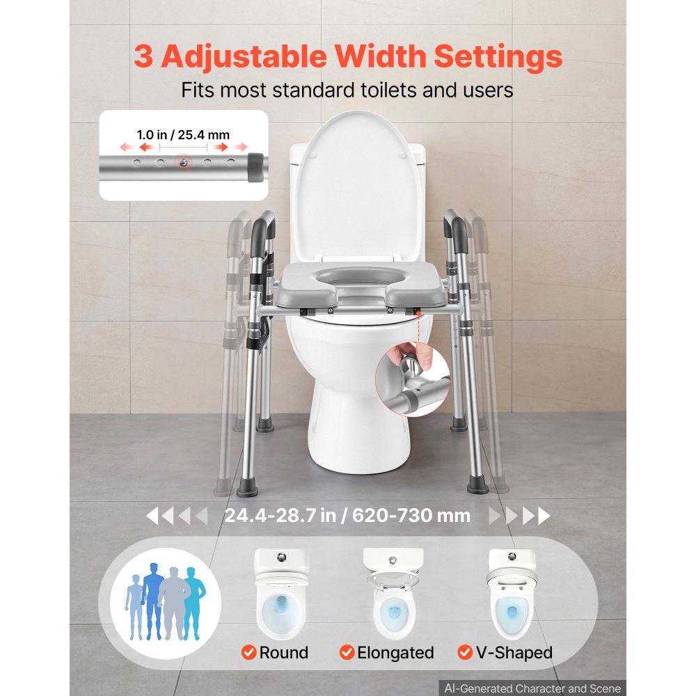 VEVOR Raised Toilet Seat with Handles 158.7 kg Handicap Elevated Riser, for Seniors, Elderly & Disabled, Adjustable Height & Width, Soft Cushion Padded, Fits Round, Elongated & V-Shaped Commode