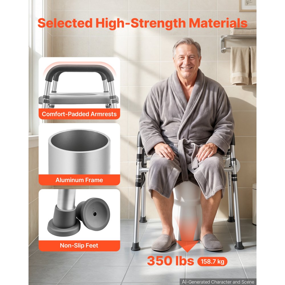 VEVOR Raised Toilet Seat with Handles 158.7 kg Handicap Elevated Riser, for Seniors, Elderly & Disabled, Adjustable Height & Width, Soft Cushion Padded, Fits Round, Elongated & V-Shaped Commode