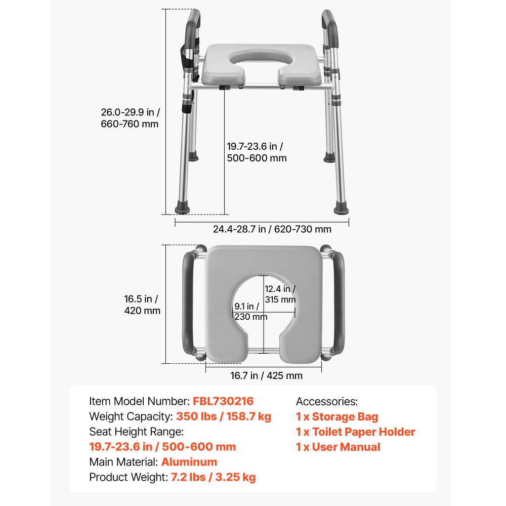VEVOR Raised Toilet Seat with Handles 158.7 kg Handicap Elevated Riser, for Seniors, Elderly & Disabled, Adjustable Height & Width, Soft Cushion Padded, Fits Round, Elongated & V-Shaped Commode
