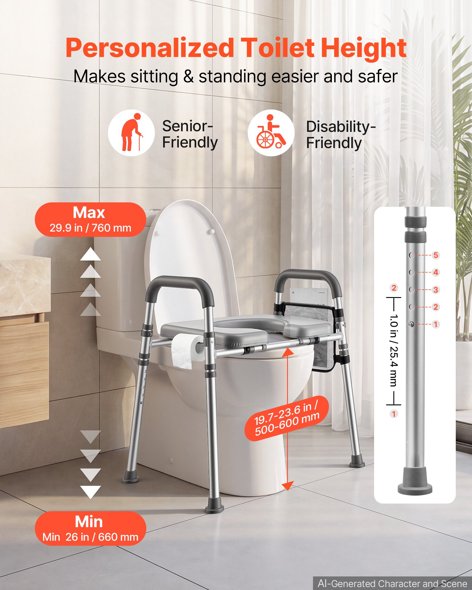 VEVOR Raised Toilet Seat with Handles 158.7 kg Handicap Elevated Riser, for Seniors, Elderly & Disabled, Adjustable Height & Width, Soft Cushion Padded, Fits Round, Elongated & V-Shaped Commode