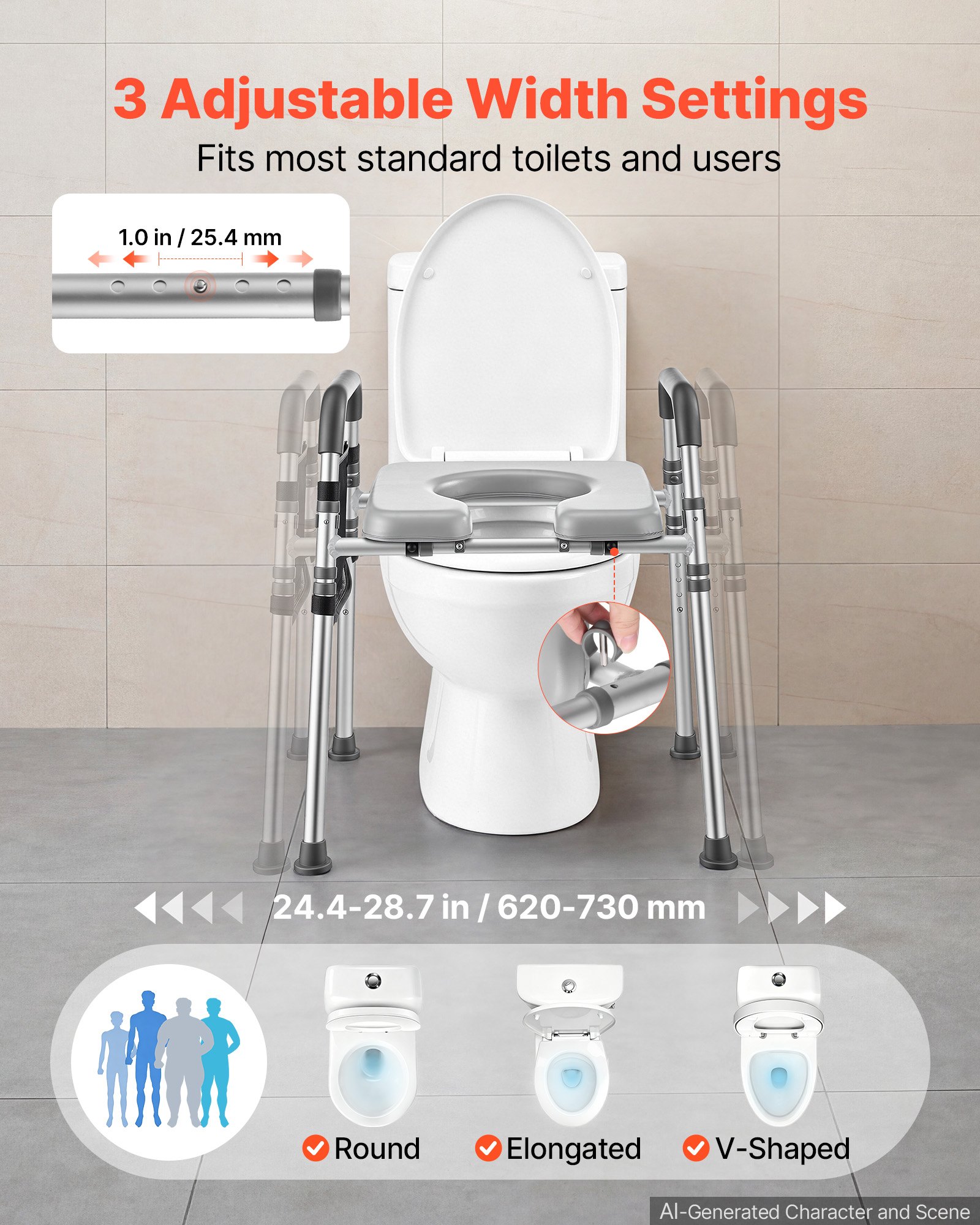 VEVOR Raised Toilet Seat with Handles 158.7 kg Handicap Elevated Riser, for Seniors, Elderly & Disabled, Adjustable Height & Width, Soft Cushion Padded, Fits Round, Elongated & V-Shaped Commode