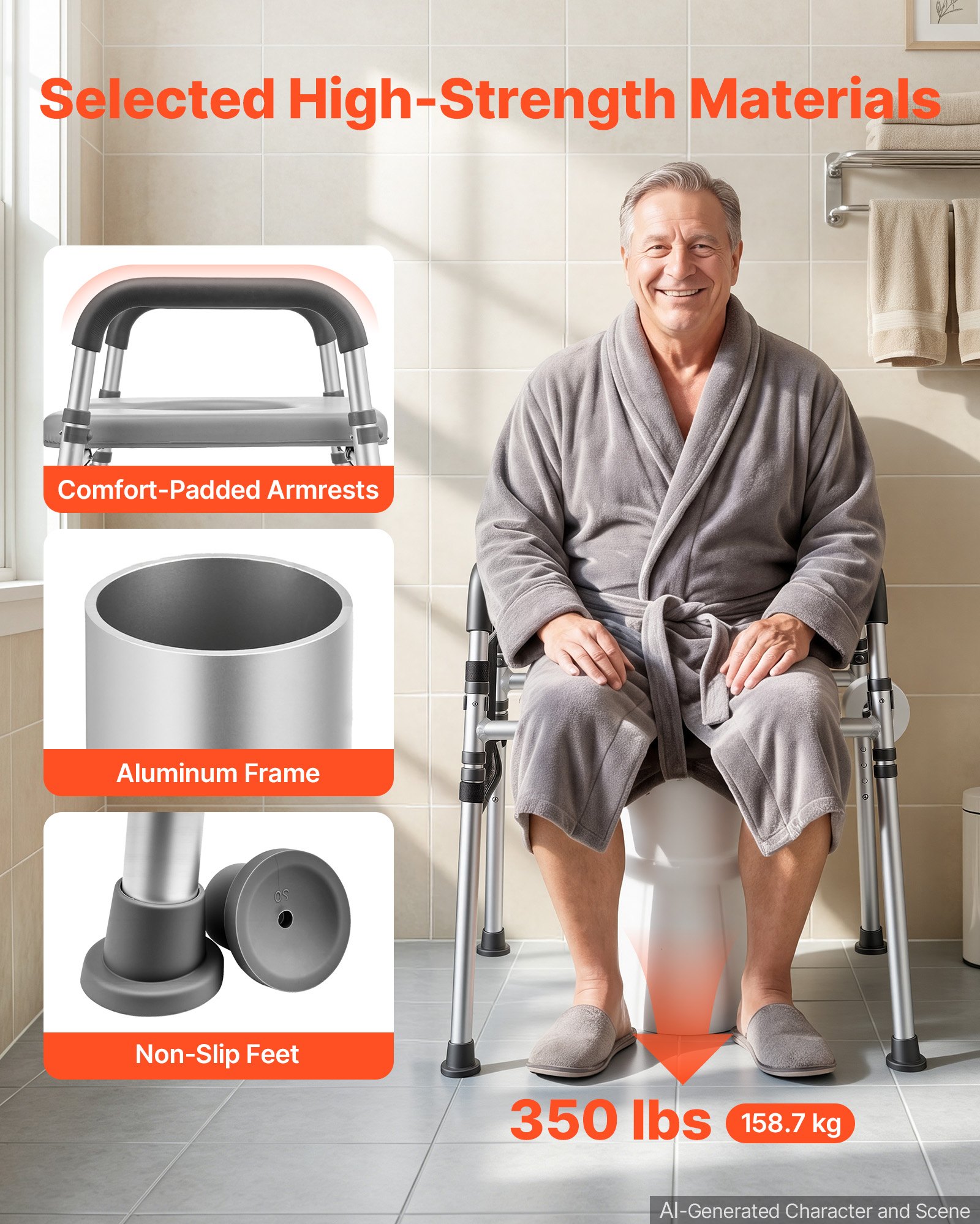 VEVOR Raised Toilet Seat with Handles 158.7 kg Handicap Elevated Riser, for Seniors, Elderly & Disabled, Adjustable Height & Width, Soft Cushion Padded, Fits Round, Elongated & V-Shaped Commode
