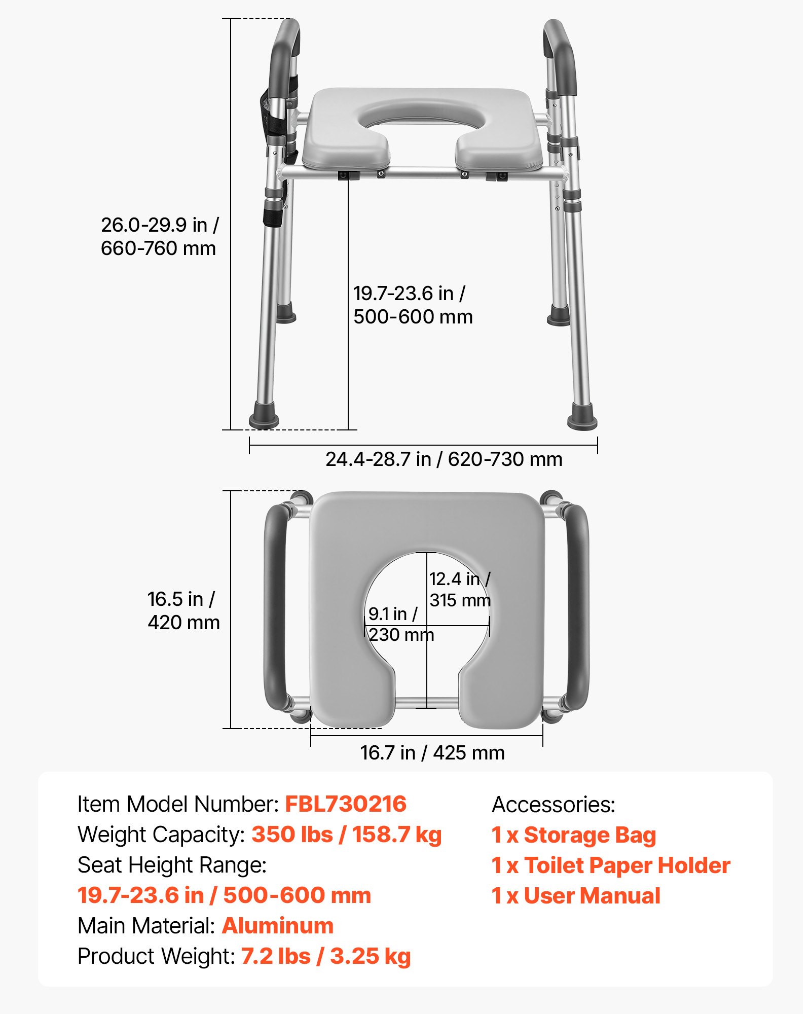 VEVOR Raised Toilet Seat with Handles 158.7 kg Handicap Elevated Riser, for Seniors, Elderly & Disabled, Adjustable Height & Width, Soft Cushion Padded, Fits Round, Elongated & V-Shaped Commode