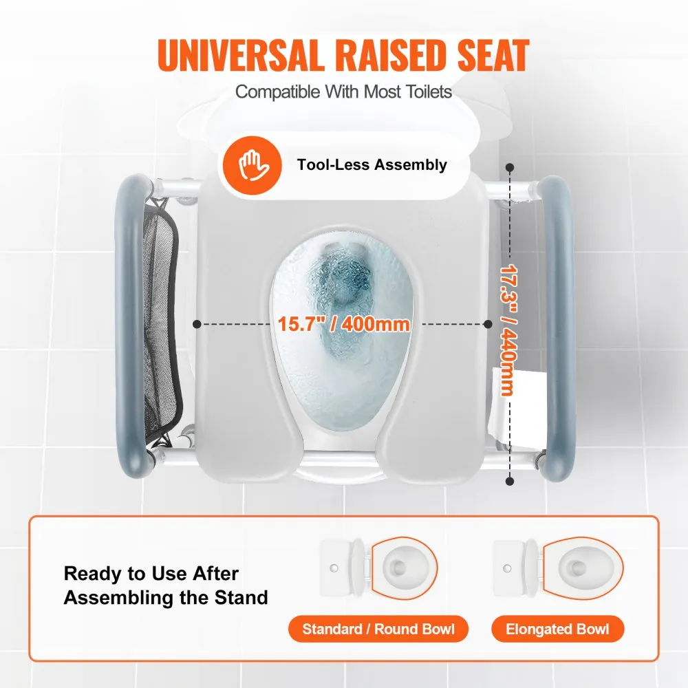 top view of VEVOR raised toilet seat with measurements and assembly instructions, compatible with most toilets.