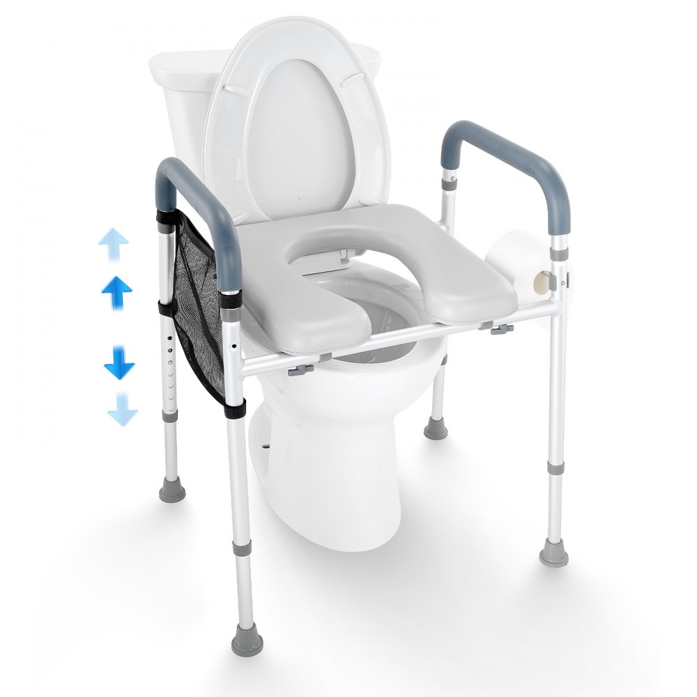 VEVOR zvýšené záchodové sedátko, 7 poloh nastavení výšky 19,3" - 25,2", nosnost 350 liber, s pohodlným polstrovaným hliníkovým rámem, univerzální zvedák záchodového sedátka, pro seniory, handicapované, těhotné, lékařské