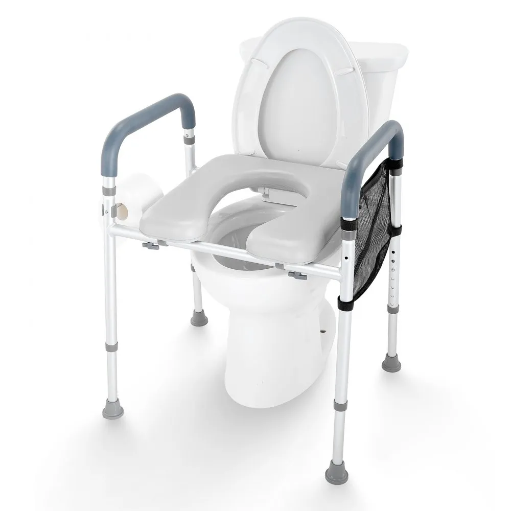 VEVOR raised toilet seat with handrails, padded seat, mesh storage bag, and toilet paper holder.