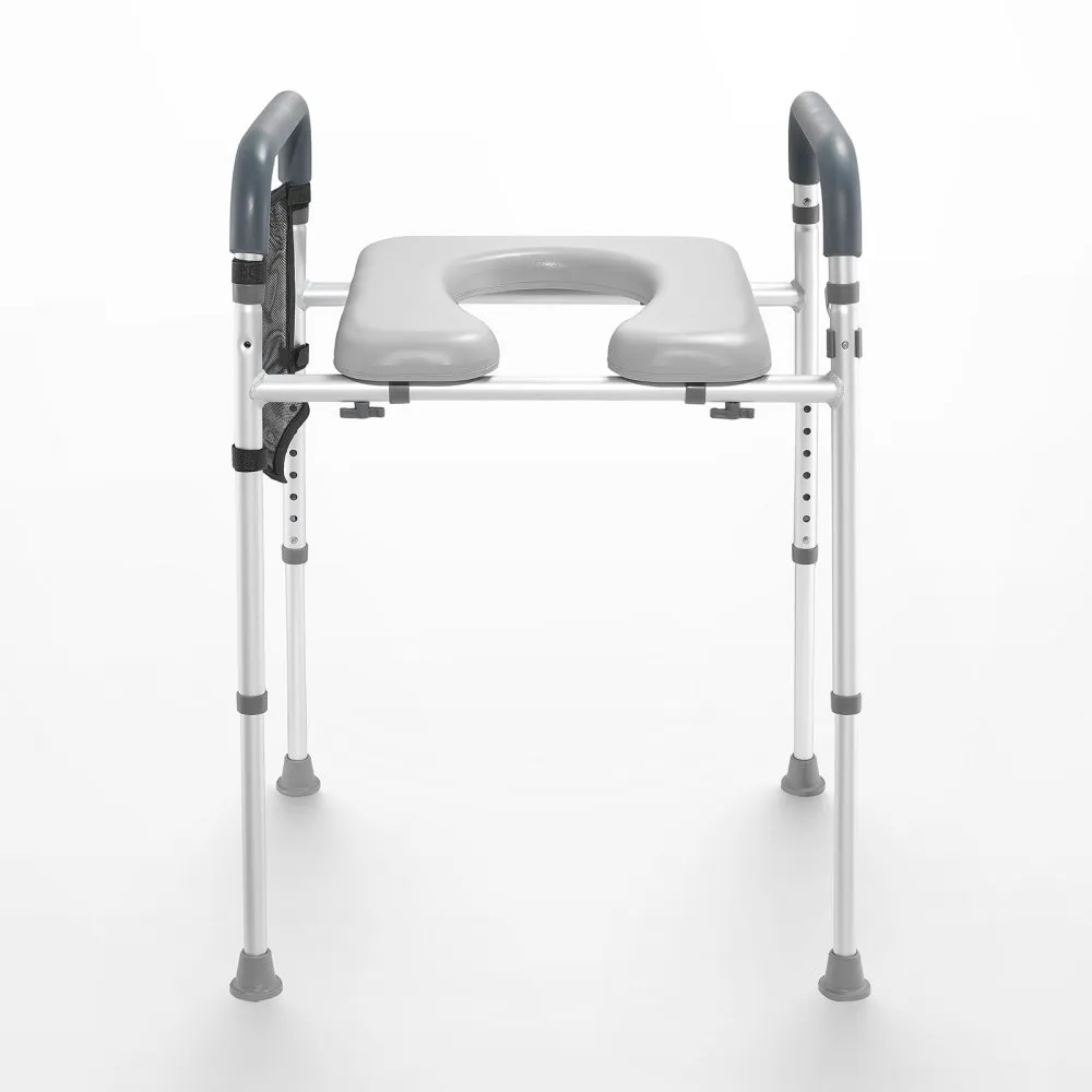 adjustable VEVOR raised toilet seat with padded armrests and non-slip legs, gray and white design.