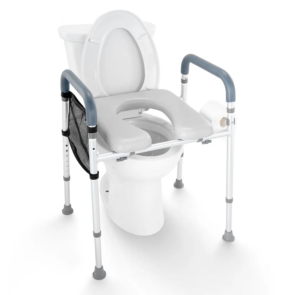 VEVOR raised toilet seat with padded armrests, adjustable legs, and storage pouch.