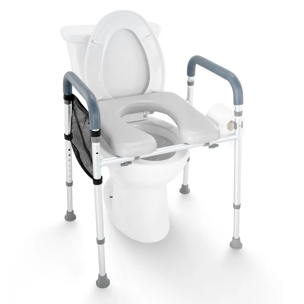 VEVOR raised toilet seat with padded arms, adjustable legs, and side storage pocket.