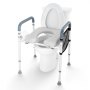 VEVOR raised toilet seat with handrails, padded seat, mesh storage bag, and toilet paper holder.