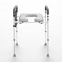 adjustable VEVOR raised toilet seat with padded armrests and non-slip legs, gray and white design.