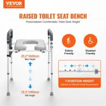 VEVOR Raised Toilet Seat, 7-Position Height Adjustment 19.3" - 25.2", 350lbs Weight Capacity, with Comfort Padded Aluminum Frame, Universal Toilet Seat Riser, for Elderly, Handicap, Pregnant, Medical