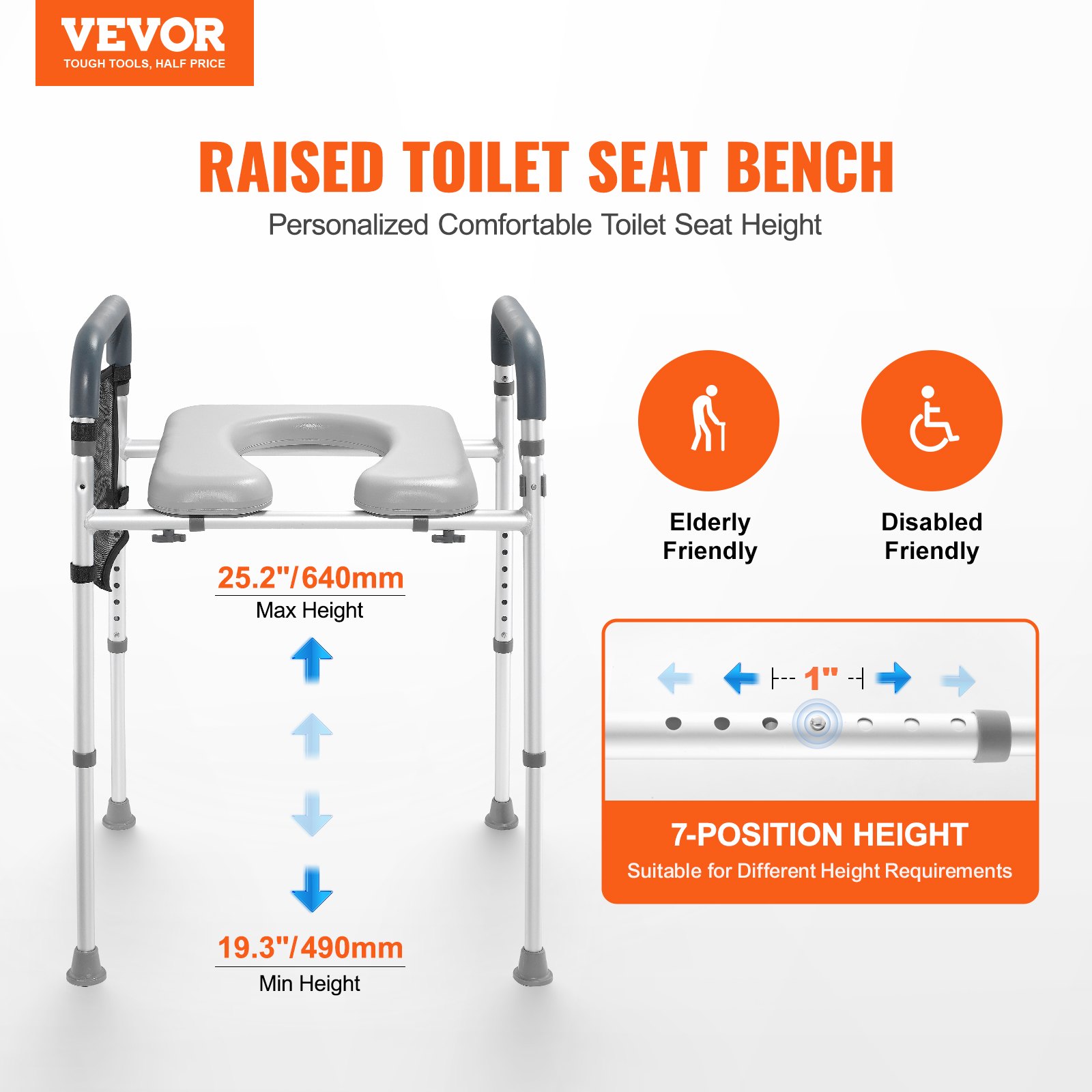 VEVOR raised toilet seat with adjustable height, elderly and disabled friendly, max height 25.2 inches.