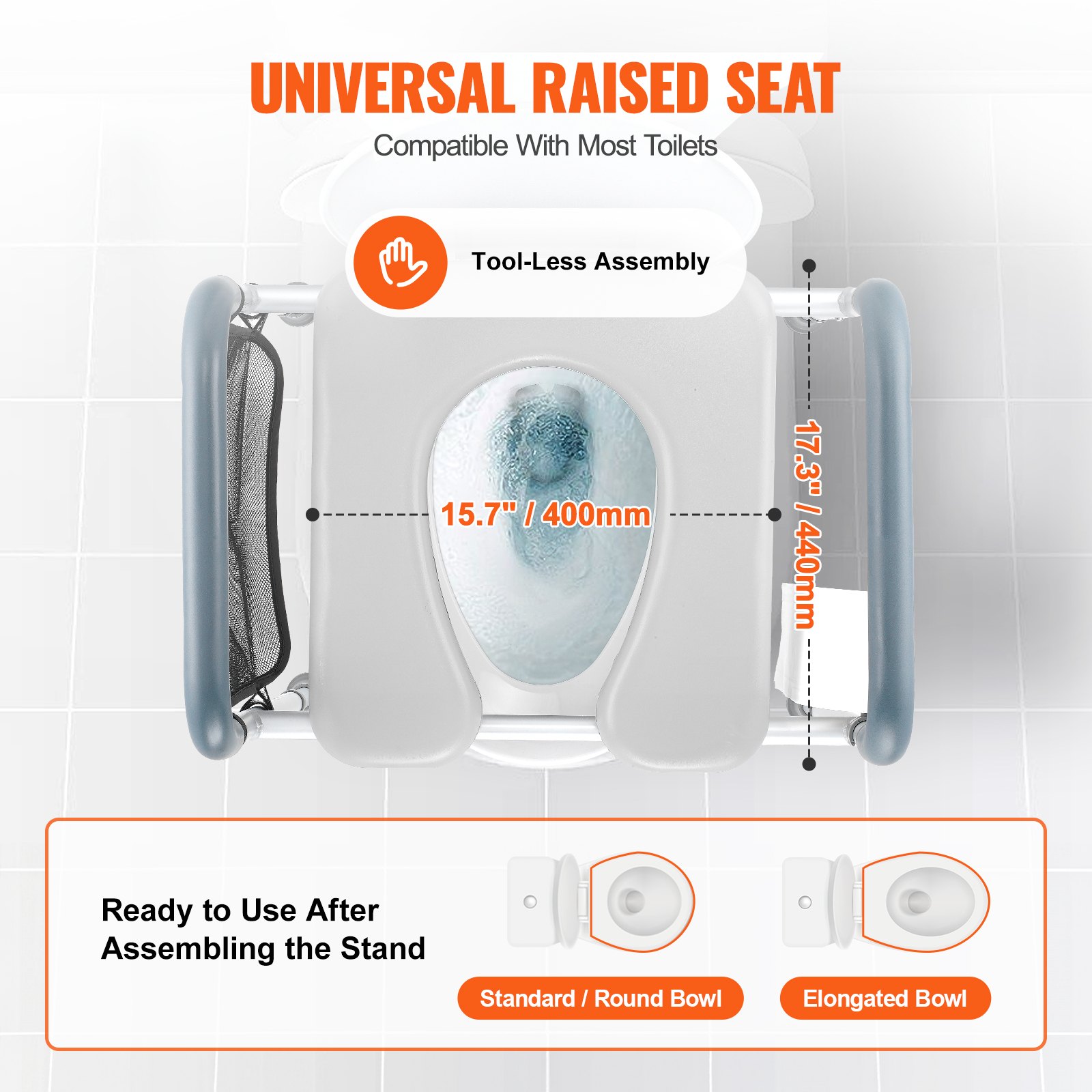 top view of VEVOR raised toilet seat with measurements and assembly instructions, compatible with most toilets.