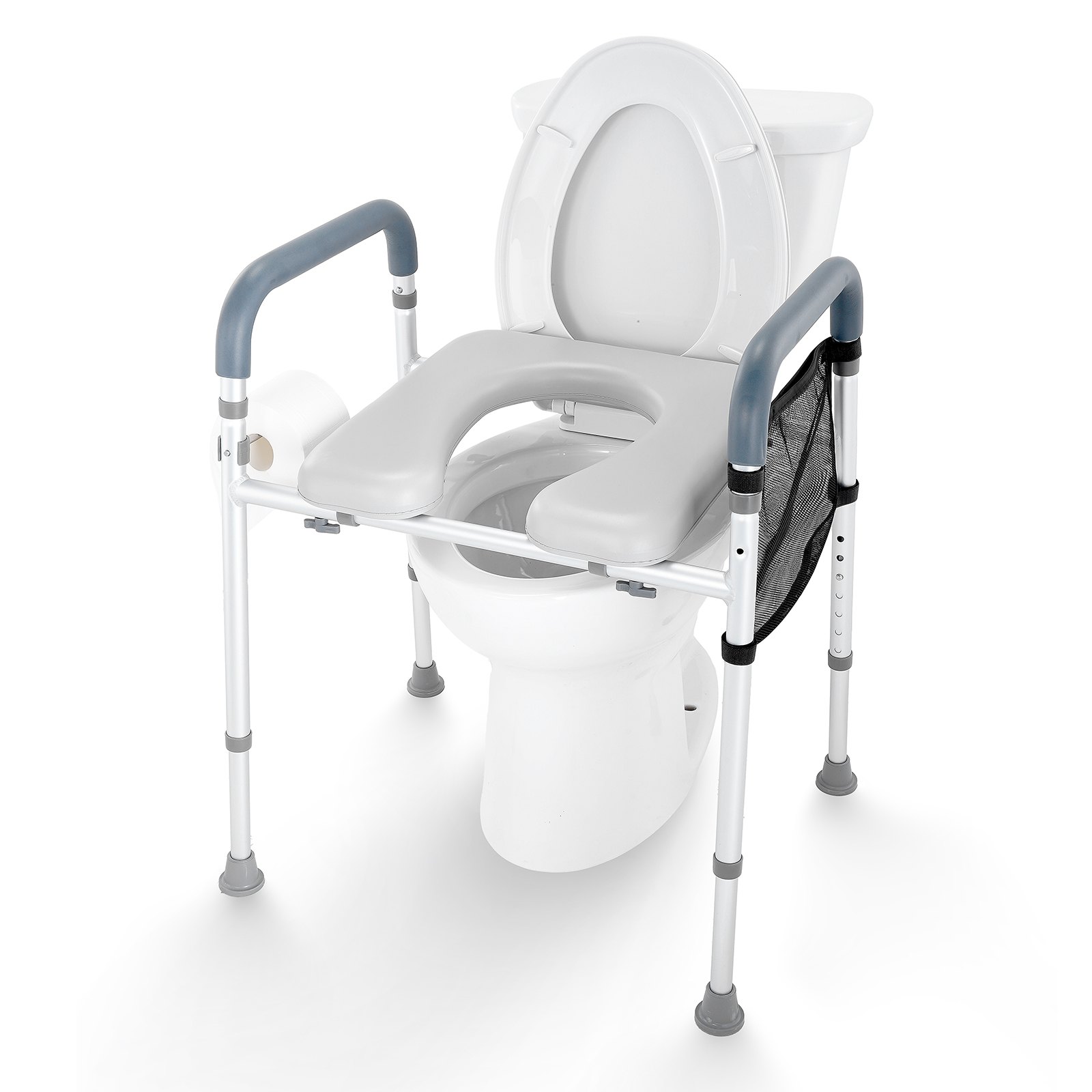 VEVOR raised toilet seat with handrails, padded seat, mesh storage bag, and toilet paper holder.