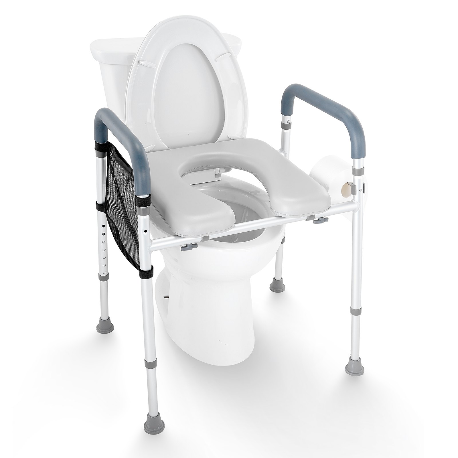 VEVOR raised toilet seat with padded armrests, adjustable legs, and storage pouch.