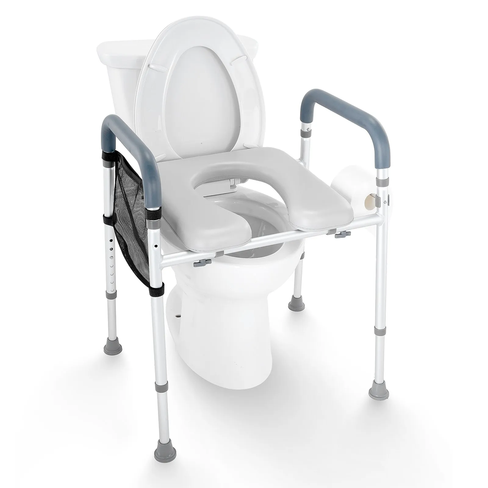 VEVOR raised toilet seat with padded arms, adjustable legs, and side storage pocket.