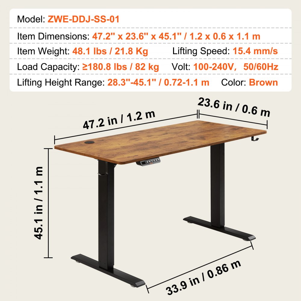 VEVOR Height Adjustable Desk, 47.2 x 23.6 in, 3-Key Modes Electric Standing Desk, Whole Piece Desk Board, Sturdy Dual Metal Frame, Max. Loading 180 LBS Computer Sit Stand up Desk, for Home and Office