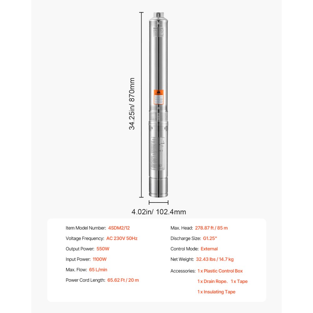 VEVOR Deep Well Submersible Pump, 1100W Input Power, 230V, 65 L/min Flow 85 m(279 ft) Head, with 20 m(65.62 ft) Cord External Control Box, Stainless Steel Water Pump, for Industrial Irrigation and Home Use, IP68
