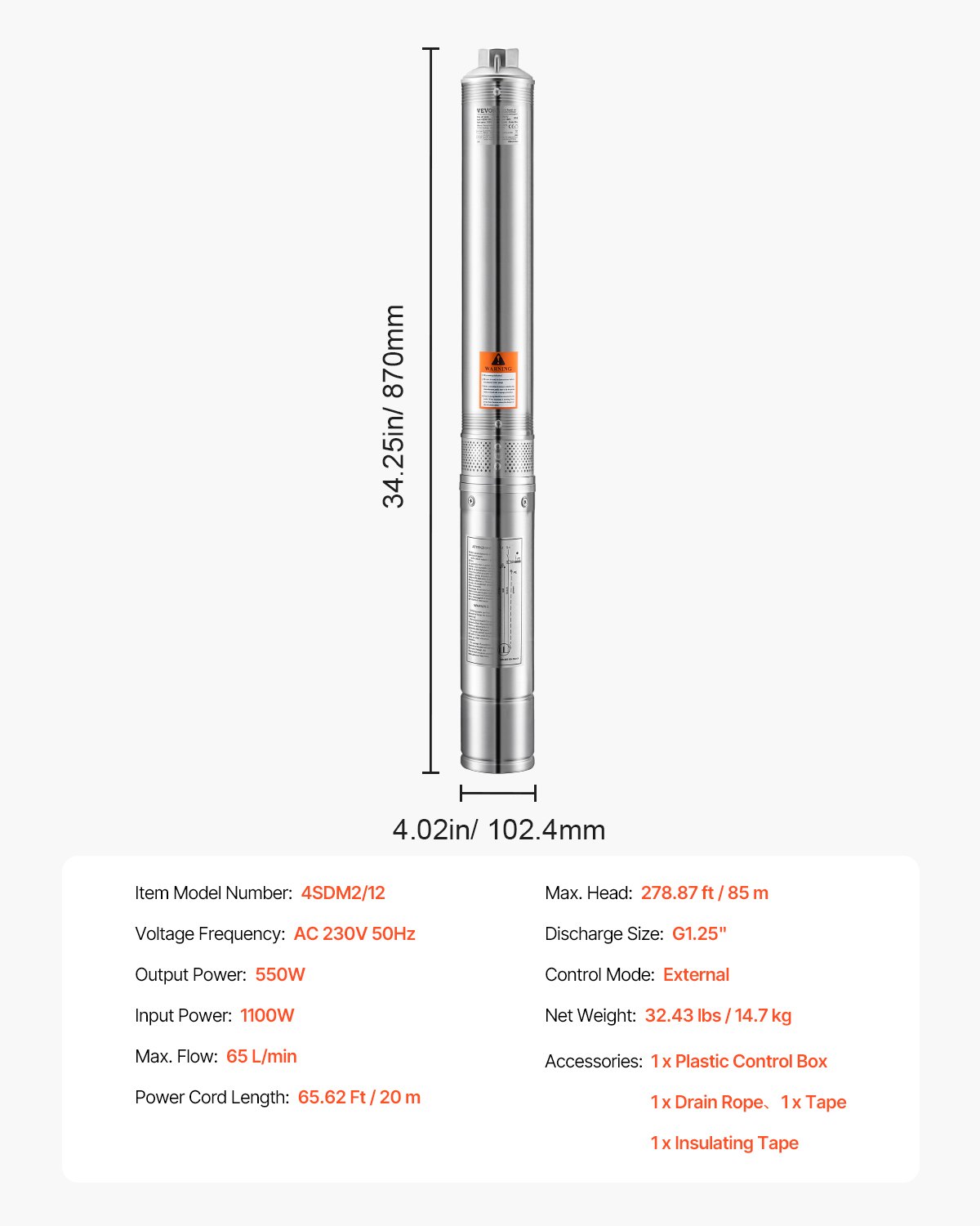 VEVOR Deep Well Submersible Pump, 1100W Input Power, 230V, 65 L/min Flow 85 m(279 ft) Head, with 20 m(65.62 ft) Cord External Control Box, Stainless Steel Water Pump, for Industrial Irrigation and Home Use, IP68