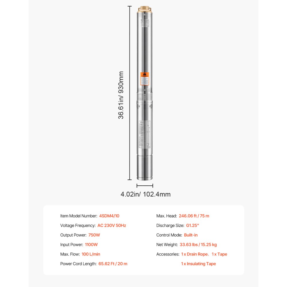 VEVOR Deep Well Submersible Pump, 750W Output Power, 230V, 100 L/min Flow 75 m(246 ft) Head, with 20 m(65.62 ft) Cord, Stainless Steel Water Pump, for Industrial Irrigation and Home Use, IP68 Waterproof Grade