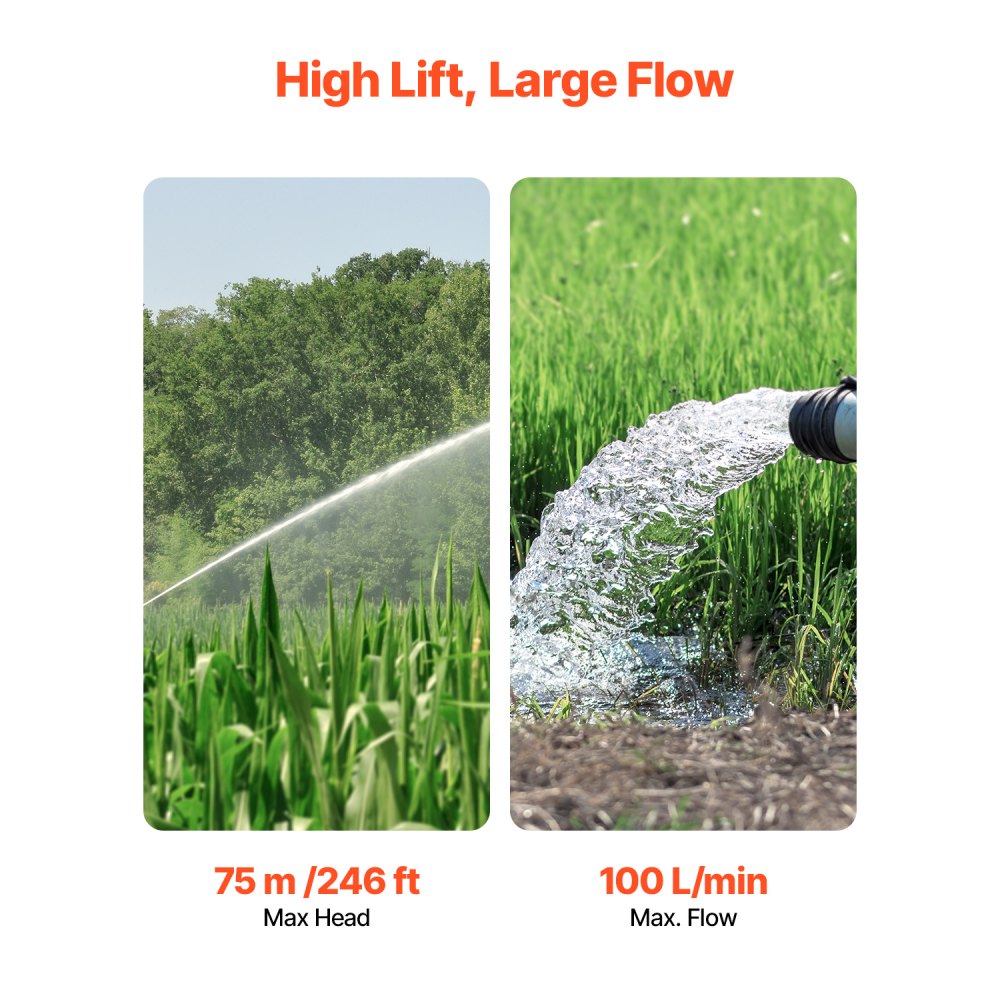 VEVOR Deep Well Submersible Pump, 1100W Input Power, 230V, 100 L/min Flow 75 m(246 ft) Head, with 20 m(65.62 ft) Cord, Stainless Steel Water Pump, for Industrial Irrigation and Home Use, IP68 Waterproof Grade