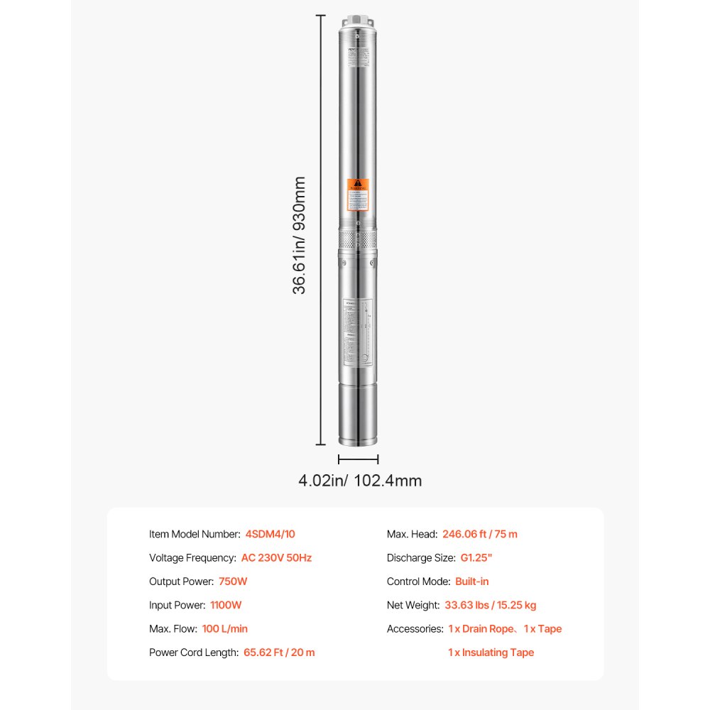 VEVOR Deep Well Submersible Pump, 1100W Input Power, 230V, 100 L/min Flow 75 m(246 ft) Head, with 20 m(65.62 ft) Cord, Stainless Steel Water Pump, for Industrial Irrigation and Home Use, IP68 Waterproof Grade